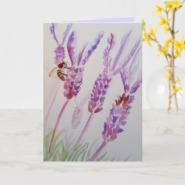 Lavender Flower and Bee Watercolour Art Card (Yellow Flower)