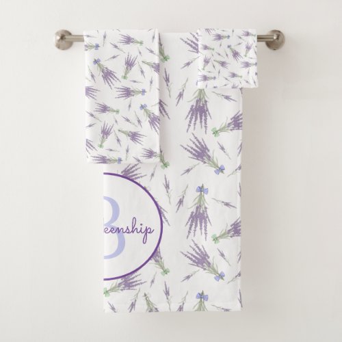 Lavender Flower Bundle Pattern Purple Bow Monogram Bath Towel Set