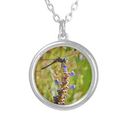 Lavender flower dragonfly silver plated necklace