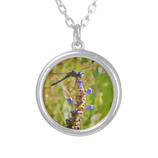 Lavender flower dragonfly silver plated necklace (Front)