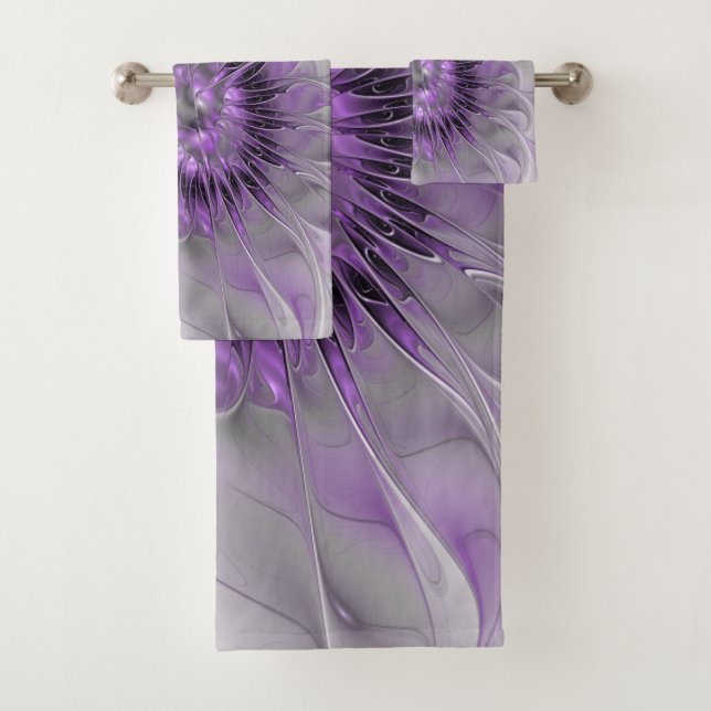 Lavender Flower Dream Modern Abstract Fractal Art Bath Towel Set (Insitu)