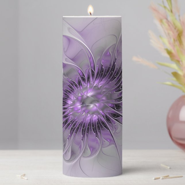 Lavender Flower Dream Modern Abstract Fractal Art Pillar Candle (In Situ)
