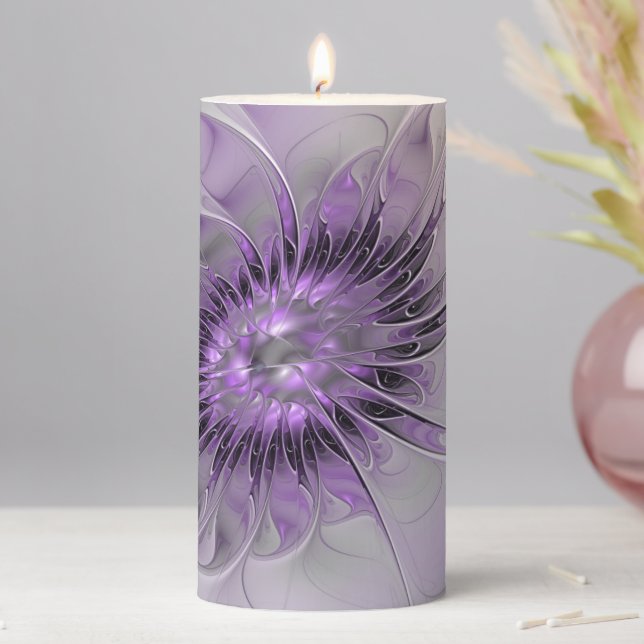Lavender Flower Dream Modern Abstract Fractal Art Pillar Candle (In Situ)