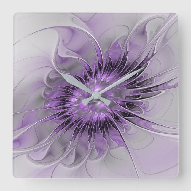 Lavender Flower Dream Modern Abstract Fractal Art Square Wall Clock (Front)