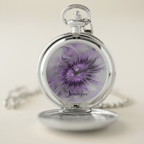Lavender Flower Dream Modern Abstract Fractal Name Pocket Watch