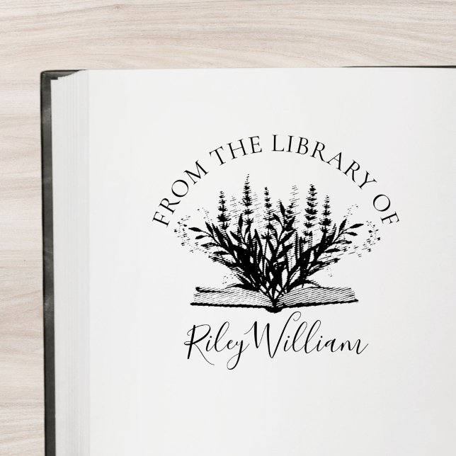 Lavender Flower Grow From Book Bookplate Self-inking Stamp (In situ)