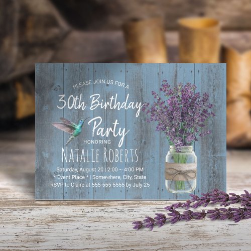 Lavender Flower  Hummingbird Dusty Blue Birthday Invitation