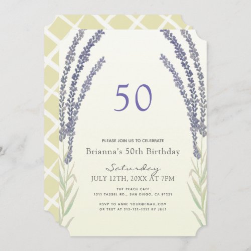 Lavender Flower Sprigs Yellow 50th Birthday Invitation