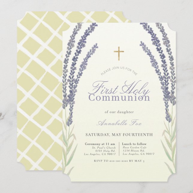 Lavender Flower Sprigs Yellow First Holy Communion Invitation (Front/Back)
