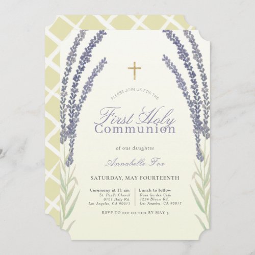 Lavender Flower Sprigs Yellow First Holy Communion Invitation