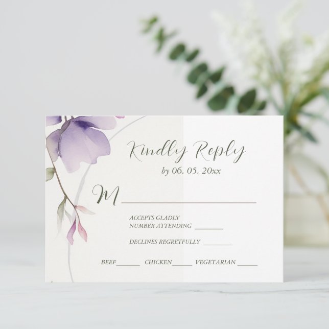 Lavender Flower Watercolor Wedding Meal Choices RSVP Card (Standing Front)