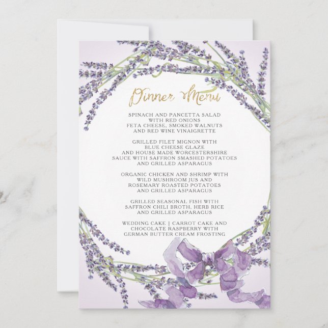 Lavender Flower Wreath French Gold Dinner Menu Invitation (Front)
