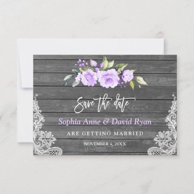 Lavender Flowers Barn Wood Lace Wedding Save The Date (Front)