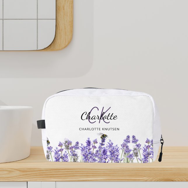 Lavender flowers bees name monogram dopp kit (Creator Uploaded)