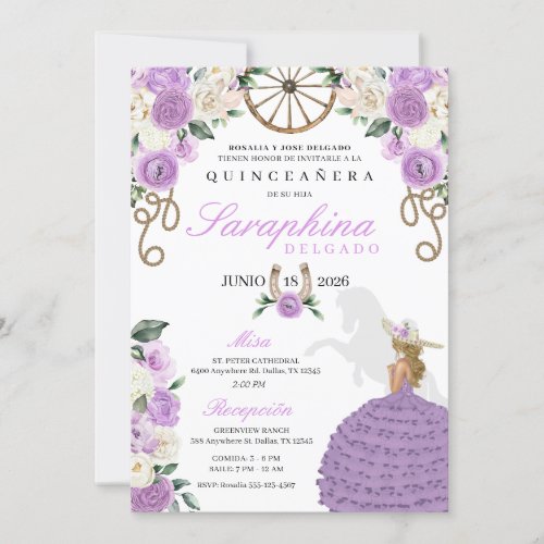 Lavender Flowers Boots  Ropes Western Quinceaera Invitation