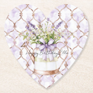 Lavender Flowers Bow Birthday Paper Coaster