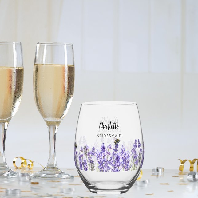Lavender flowers bridesmaid stemless wine glass (Creator Uploaded)