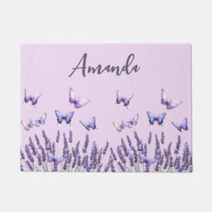 Lavender Flowers Butterflies on Pale Purple Doormat