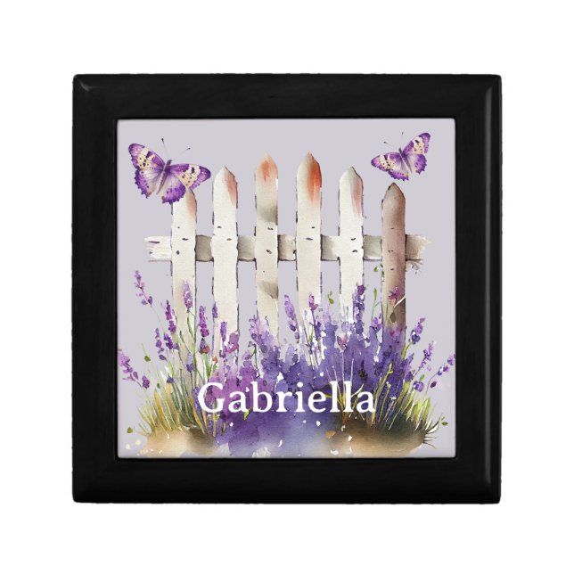 Lavender Flowers Butterflies White Picket Fence Gift Box (Front)