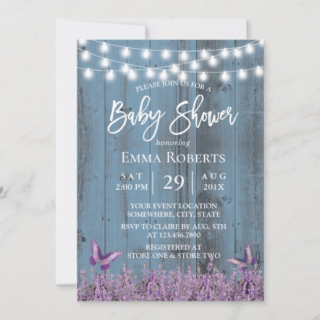 Lavender Flowers Butterfly Dusty Blue Baby Shower Invitation (Front)