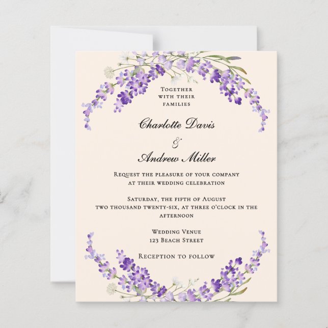 Lavender flowers champage cream wedding invitation (Front)