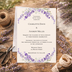 Lavender flowers champage cream wedding invitation