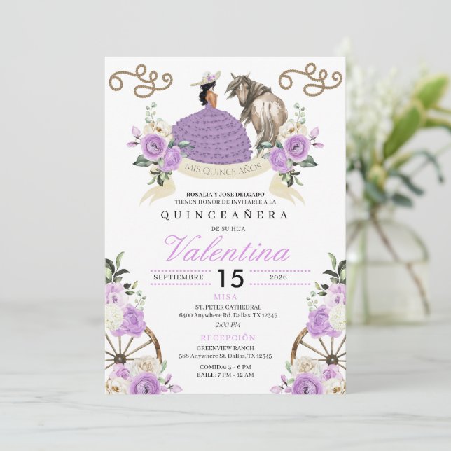 Lavender Flowers Cowgirl Western Quinceañera Invitation (Standing Front)