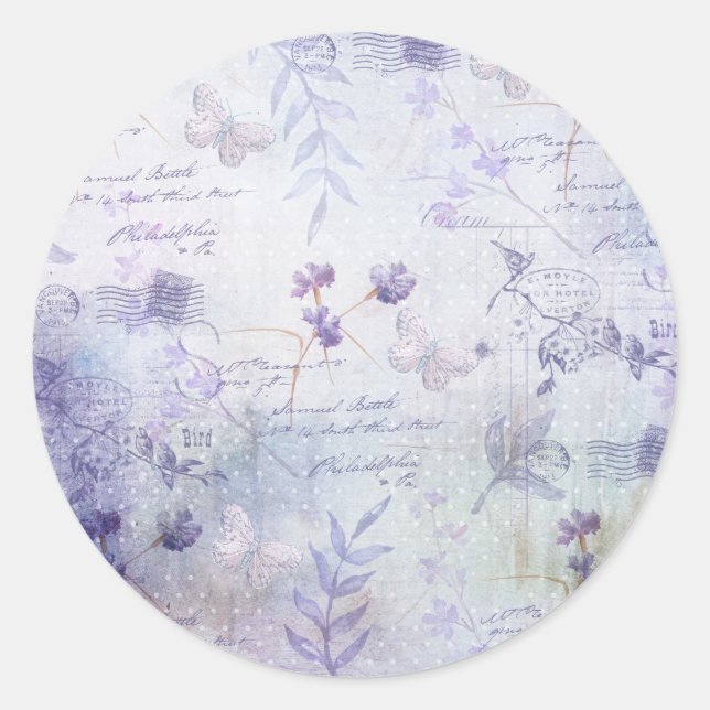 Lavender Flowers Decoupage Classic Round Sticker (Front)