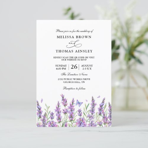 Lavender Flowers Elegant Budget QR Code Wedding Invitation