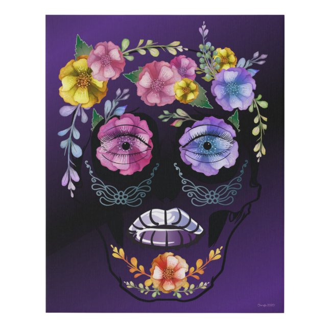 Lavender Flowers Female Sugar Skull Faux Canvas Print (Front)