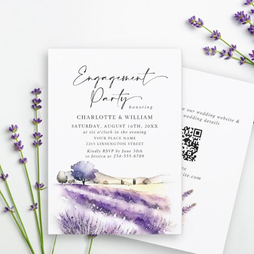 Lavender Flowers Field ENGAGEMENT PARTY QR code Invitation