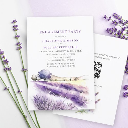 Lavender Flowers Field ENGAGEMENT PARTY QR code Invitation