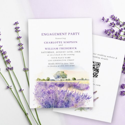 Lavender Flowers Field ENGAGEMENT PARTY QR code Invitation