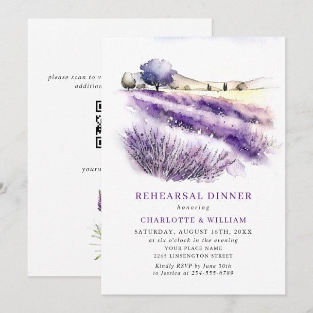Lavender Flowers Field Rehearsal Dinner QR code Invitation (Front/Back)