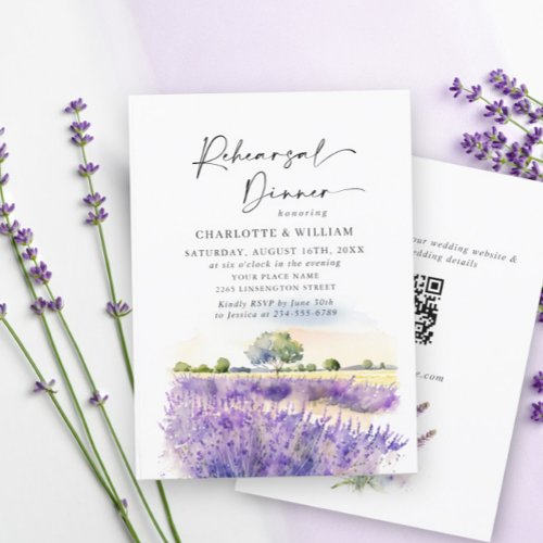 Lavender Flowers Field Rehearsal Dinner QR code Invitation