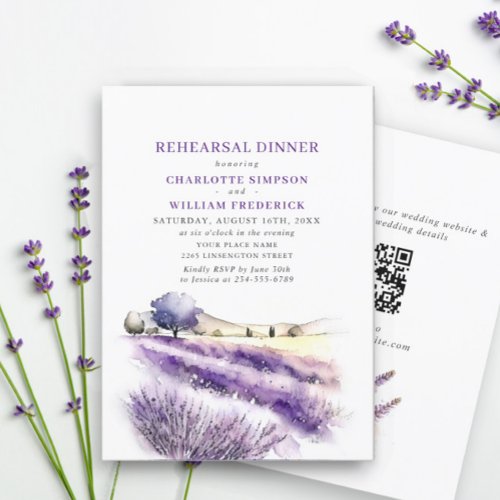 Lavender Flowers Field Rehearsal Dinner QR code Invitation