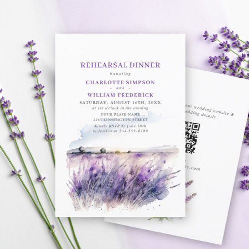 Lavender Flowers Field Rehearsal Dinner QR code Invitation