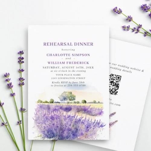 Lavender Flowers Field Rehearsal Dinner QR code Invitation