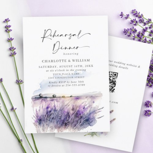 Lavender Flowers Field Rehearsal Dinner QR code Invitation