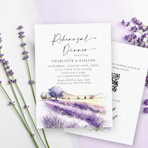 Lavender Flowers Field Rehearsal Dinner QR code Invitation