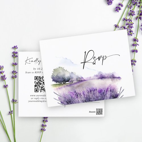 Lavender Flowers Field Wedding RSVP QR code Postcard