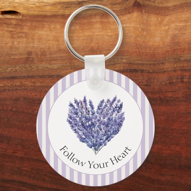 Lavender Flowers Heart Stripes Keychain (Front)