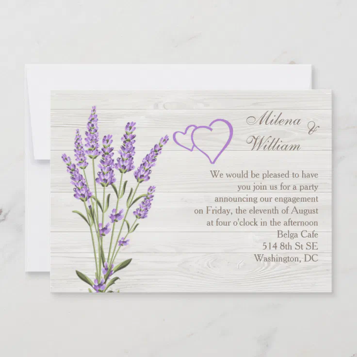 Lavender flowers, hearts on wood Engagement Party Invitation | Zazzle