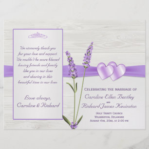 Lavender flowers, hearts on wood Wedding Program