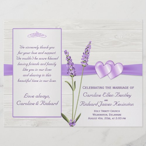 Lavender flowers hearts on wood Wedding Program