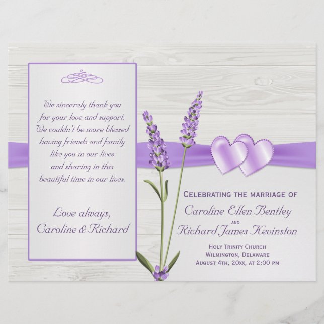 Lavender flowers, hearts on wood Wedding Program (Front)