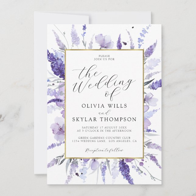 Lavender Flowers Lilac Gold Frame Floral Wedding  Invitation (Front)