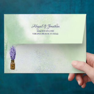 Lavender Flowers on Sage Green Floral Wedding Envelope