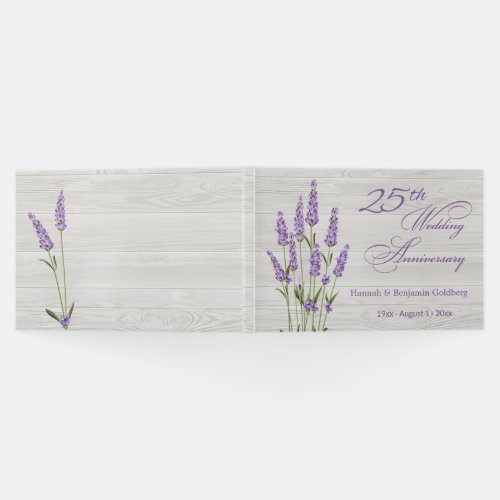 Lavender flowers on wood 25th Wedding Anniversary Guest Book