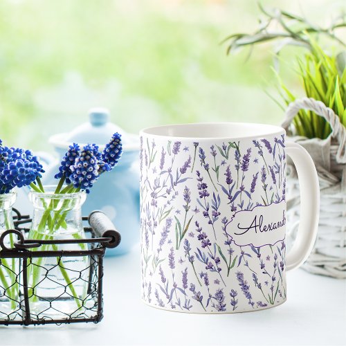 Lavender Flowers Pattern with Monogram Coffee Mug